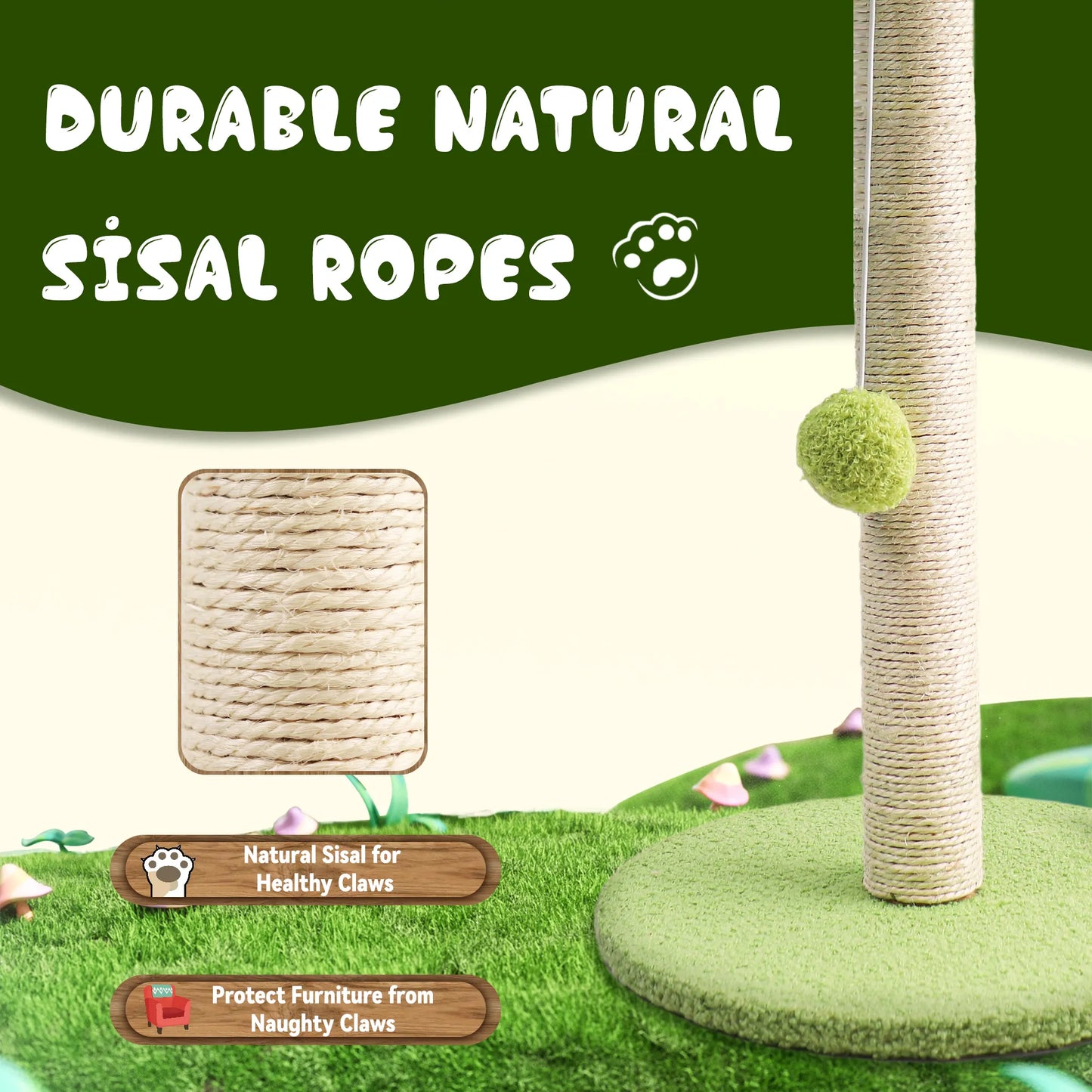 Green Leaves Cat Scratching Post with Sisal Rope